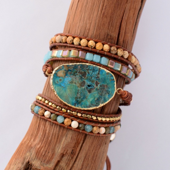 flower of the desert Jewelry - handmade Pendant bead wrap bracelet blues